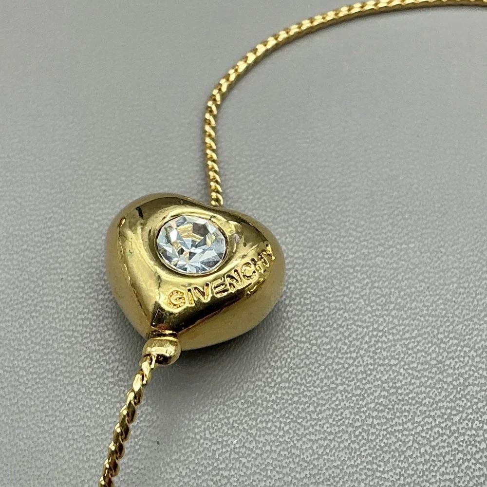 Vintage Givenchy Necklace Gold Tone Heart Faux Pearl Crystal Station 1980s 30